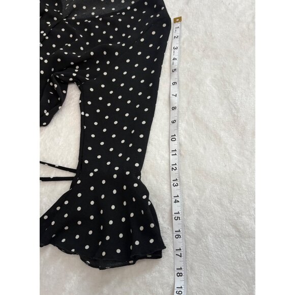 Black Polka Dot Wrap Crop Top Blouse W/ Ruffled Bell Sleeves By Clé Luv- Size S - Picture 12 of 13